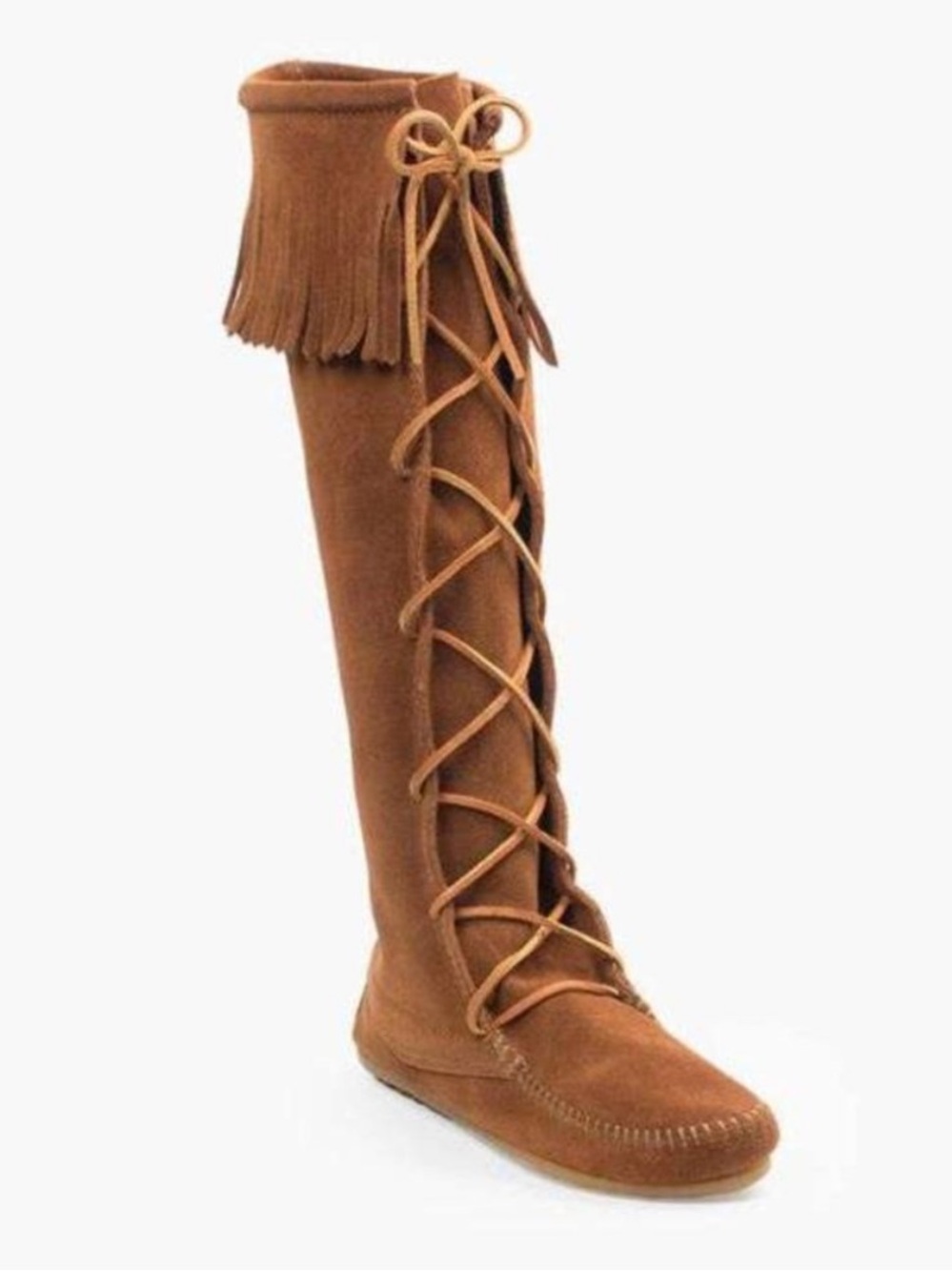 Minnetonka Front Lace Knee High Fringe Boot in brown (size 9 women's)